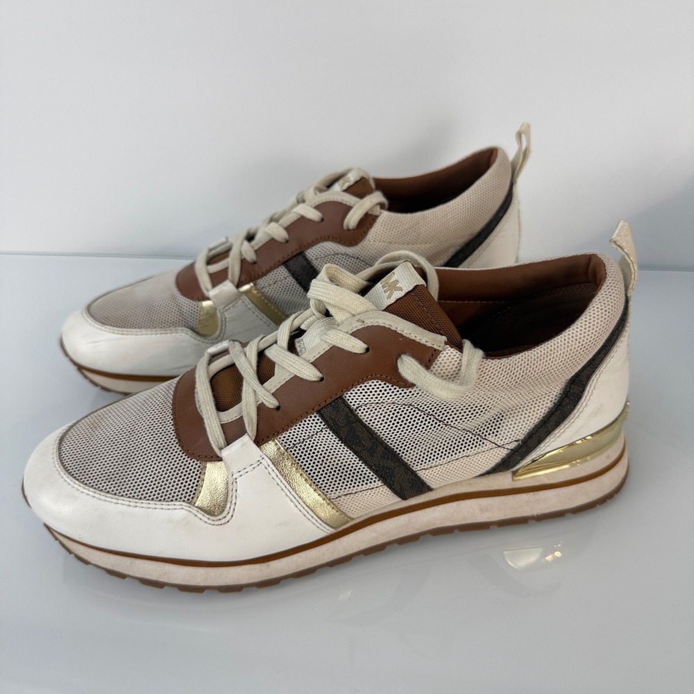 Michael Kors Dash Sneaker Women Size 39 8 Cream Brown Gold Logo Mixed Media